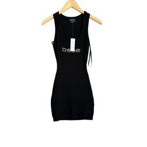 Bebe  Women's Black logo dress part open back NWT Little black dress Swarovski j